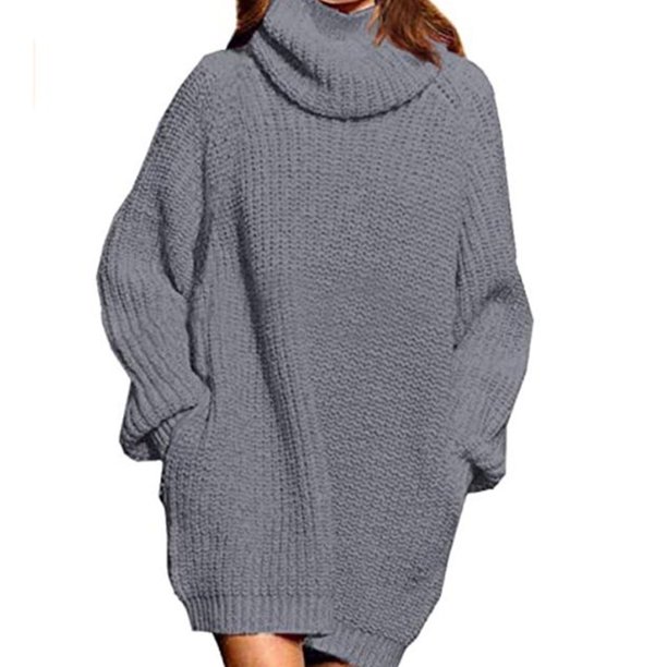 Vestido De Suéter De Cuello Alto Vestido De Suéter De Punto Vestido De Suéter De Cuello Alto Vestido De Suéter De Manga Larga Suéter De Color Puro De Gran Tamaño Para Mujer ANGGREK Gris L