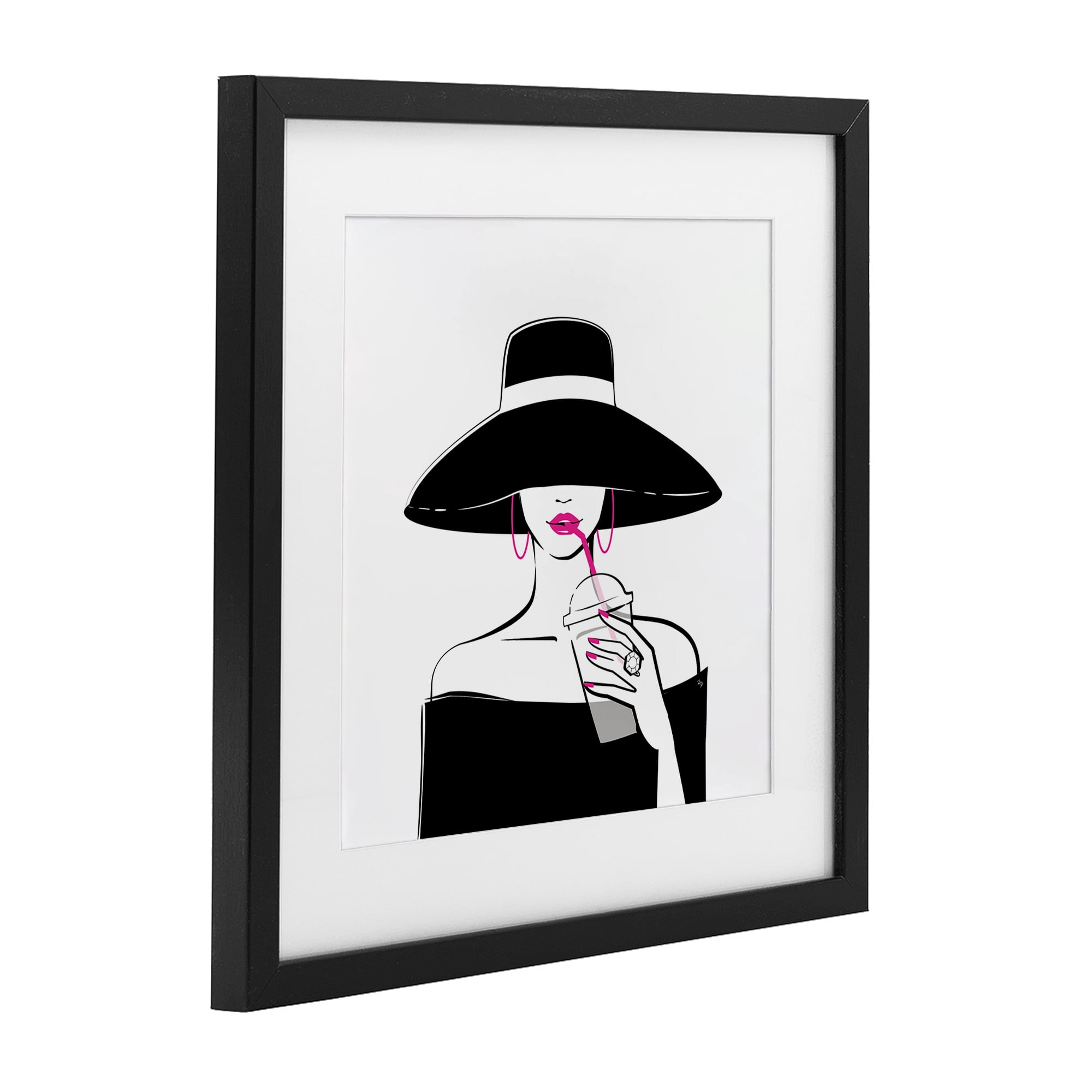 Stupell Industries Chic Black Hat Sipping Coffee Black Framed Print Under Glass, design by Martina Pavlova