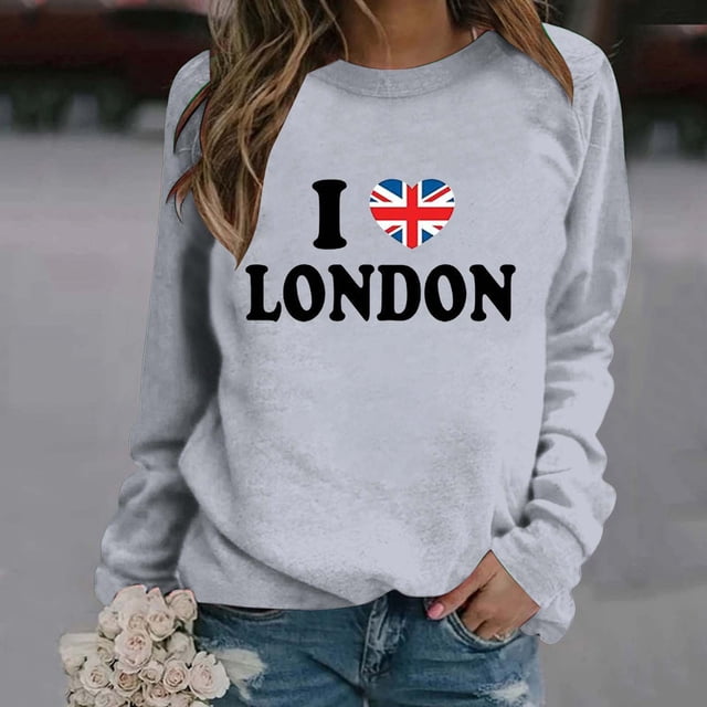 TINZ Chandail de Sport Décontracté pour Femmes, Style Britannique à la Mode avec Lettres Imprimées, Col Rond, Manches Longues (2) Veste Ajustée avec Capuchon Manteau Femme Fermeture Éclair devant Chandail à Capuchon à Fermeture à Glissière Femme