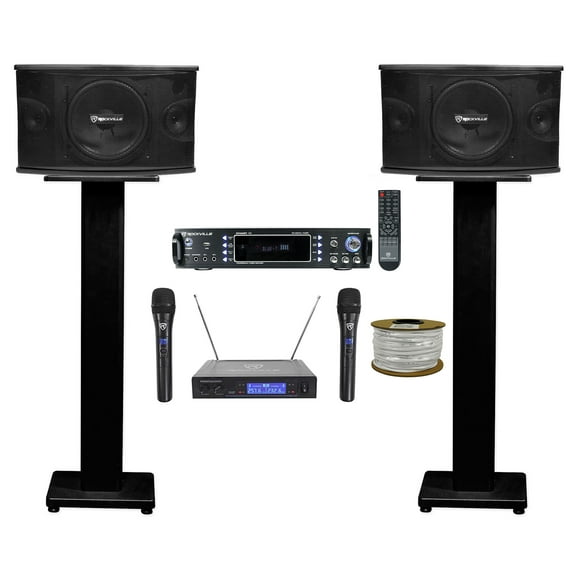 (2) Rockville KPS10 10" Karaoke/Pro Speakers Bluetooth Amp Stands Wireless Mics   Rockville R14GSBR100 Red/Blk 14 Gauge 100' Ft. Mini Spool Car Audio Speaker Wire