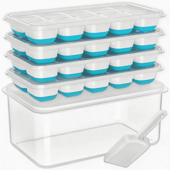 4 Pack Ice Cube Tray with Lid and Bin, Stackable Silicone Ice Trays with Storage Container and Scoop