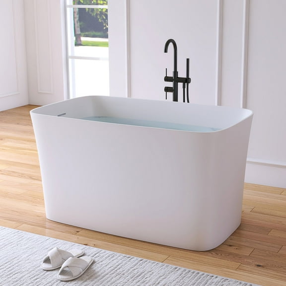 MEDUNJESS 47" Solid Surface Resin Stone Small Freestanding Bathtub, Premium Modern Design Japanese Freestanding Tub with Pop-up Drain and Overflow, Matte White