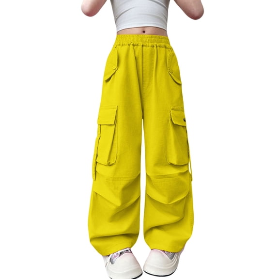 CPNG Girls Casual Cargo Jeans Teen Girls Wide Leg Straight Solid Color Pants Daily Elastic High Waisted Denim Trousers(Yellow,15-16 Years)