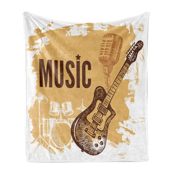 Rock Music Soft Flannel Fleece Blanket, Vintage Sketch Hand Drawn Drums and Microphone Pattern Abstract Backdrop, Cozy Plush for Indoor and Outdoor Use, 60" x 80", Pale Coffee Brown, by Ambesonne