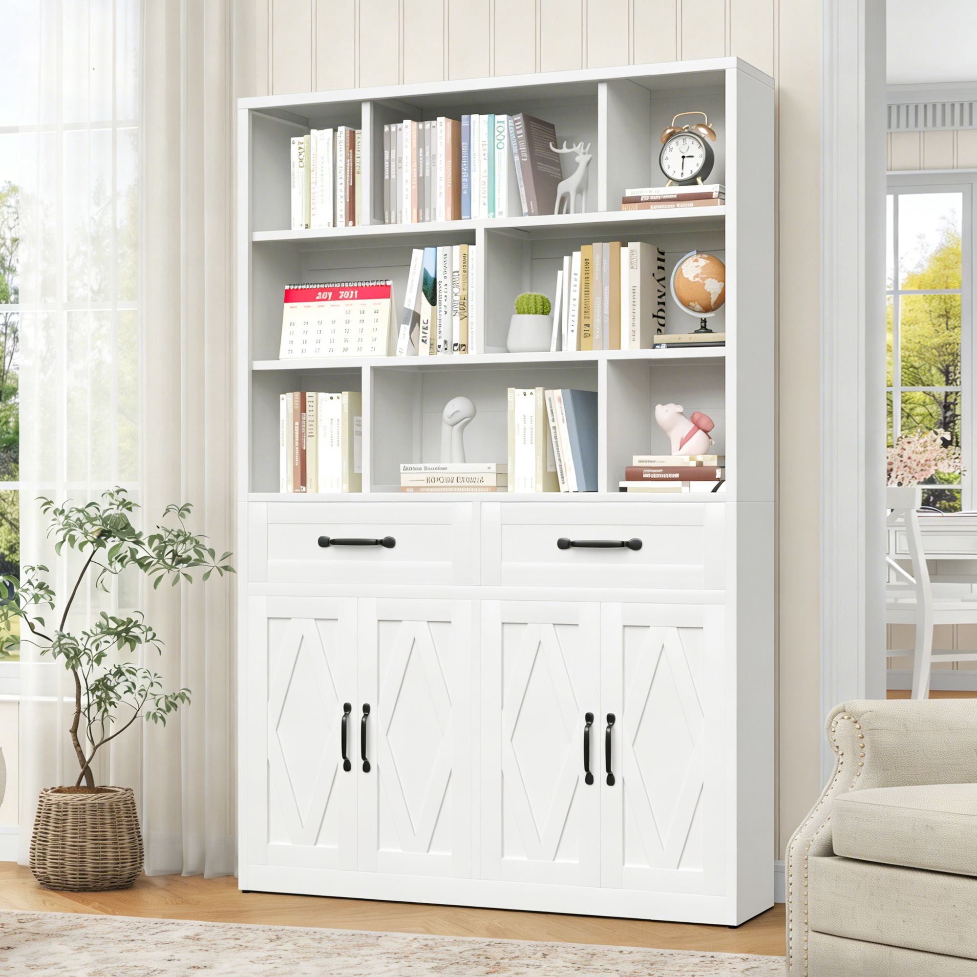 Decorative Bookshelf with Cabinets and Drawers, Freestanding Bookcase with Open Cubby Storage, Wooden Display Storage Cabinet for Home Office Bedroom Living Room