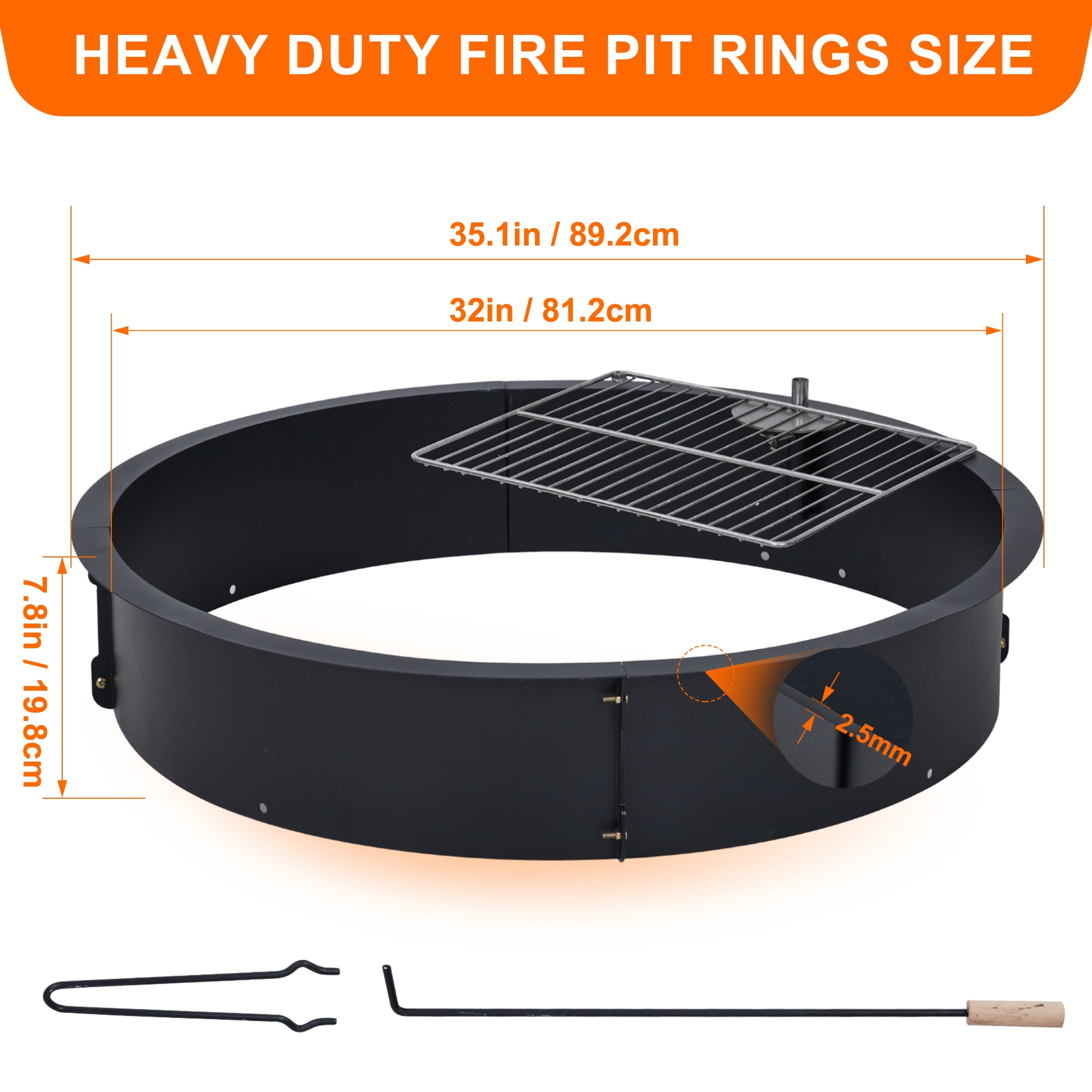 WhizMax 35" Fire Pit Ring w/ Grill Grate,Outdoor Steel Firepit Liner DIY Wood Burning Insert for Camping Patio