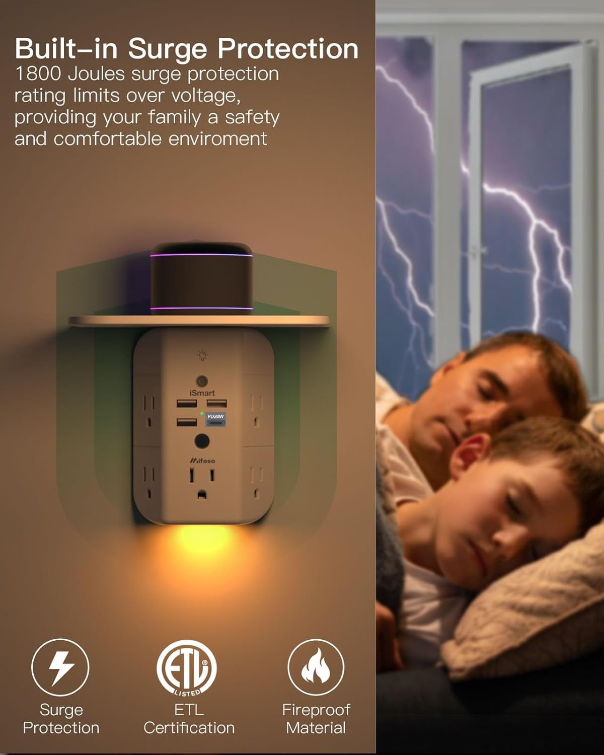 JJEAN-PD20W Wall Outlet Extender, Outlet Splitter with Shelf and Night Light, USB Wall Charger with 5 AC Outlets and 3 USB A Ports 1 USB C Ports Wide Space 3-Sided Power Strip Multi Plug Outlets
