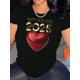 thumbnail image 1 of 1pc Women'S Fashionable Crew Neck T-Shirt with Happy New Year 2025 Heart Print, Casual Geometric-Patterned Short Sleeve Top, Knit Polyester Fabric, Medium Stretch, All-Season Comfort, 1 of 6