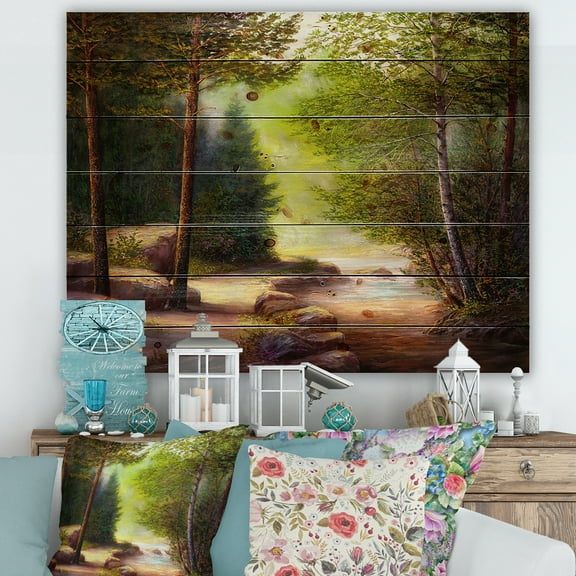 Designart 'Sunrise Glow Through The Spring Trees' Lake House Print on Natural Pine Wood