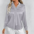 thumbnail image 4 of RYRJJ Elegant Business Blouses for Women Satin Silk Tops Long Sleeve Bow Tie V-Neck Office Work Dressy Shirts(Gray,S), 4 of 6