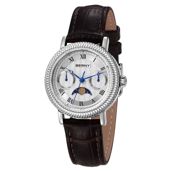 BERNY Womens Leather Watch, Vintage Roman Numerals Luxury Moon Phase Watch with Day & Date, Stainless Steel, Sapphire Crystal, Waterproof, Fashion Dress Analog Quartz Wrist Watches for Women (Silver)