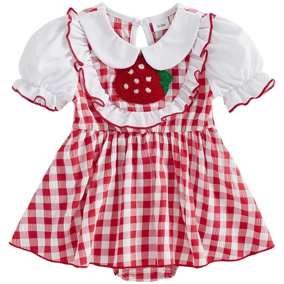 Nwiuh Baby Girl Strawberry Outfit Flutter Sleeve Strawberry Bow Smocked Romper Infant Baby Gingham Summer Clothes (Red, 0-3 Months)