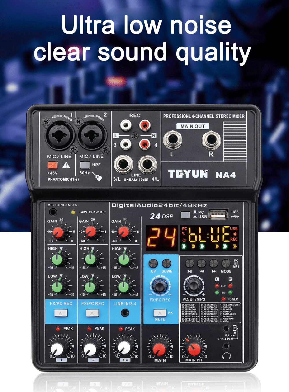 Mini 4-Channel Audio DJ Mixer Console, Professional Audio Mixer with Bluetooth, USB & DSP Effects for KTVs