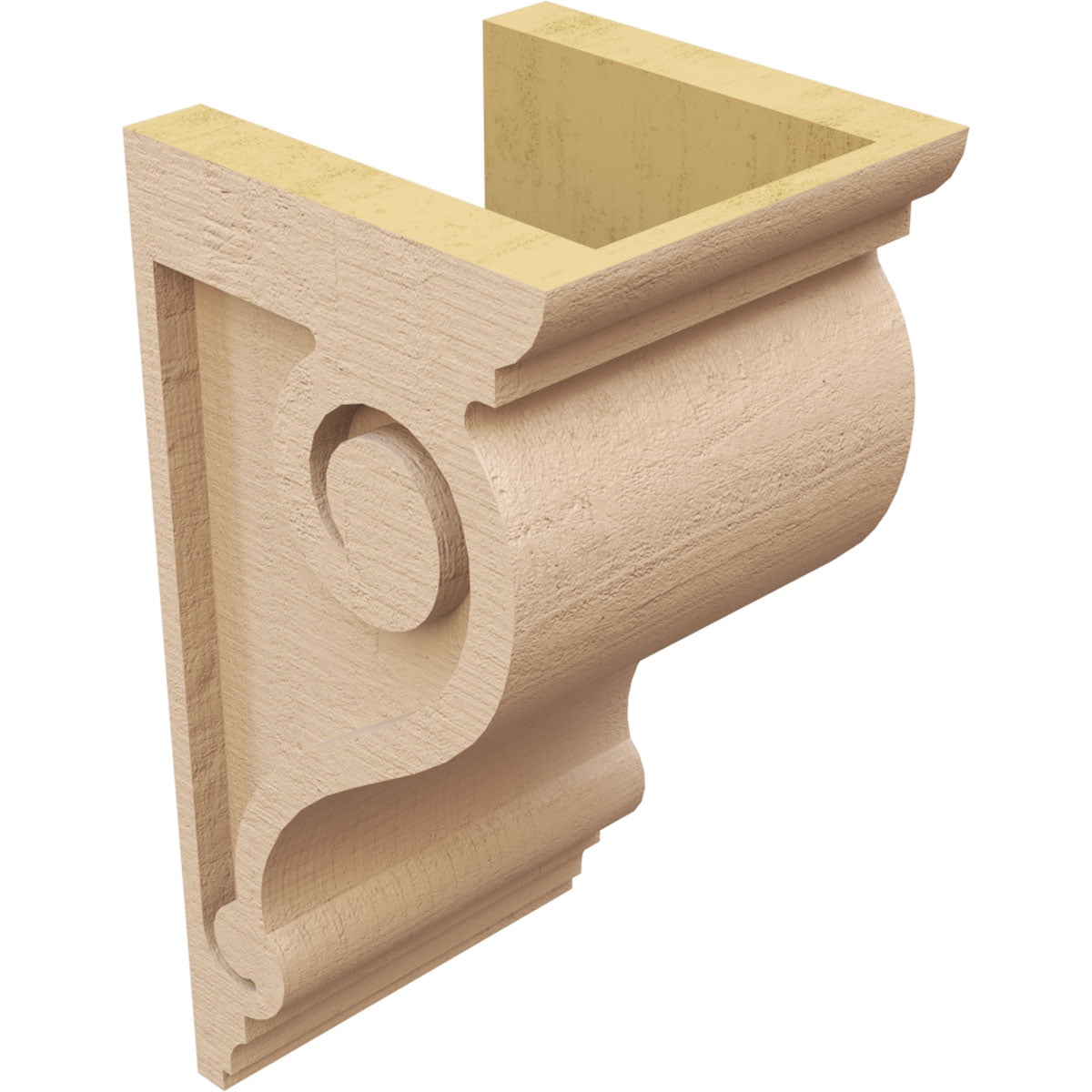 6"W x 6"D x 12"H Wide Scroll Rough Cedar Woodgrain TimberThane Corbel, Primed Tan