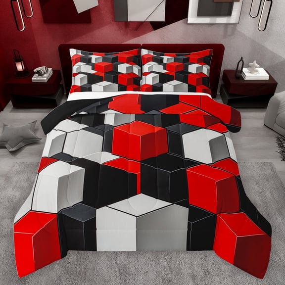 jejeloiu 3D Geometric Plaid Bedding Comforter Set,Abstract Checkered Twin Comforter Sets,Red Gray Black Bedding Set For Girls Boys,Super Cozy Room Decor Reversible,2pcs