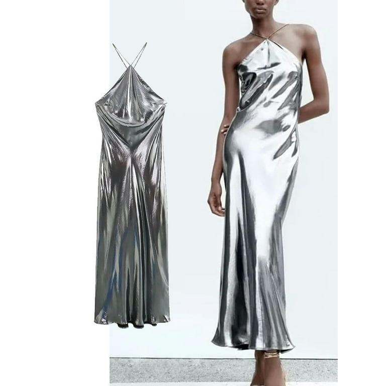 Women Glitter Slip Halter Dress Autumn Sleeveless Backless Slip Long Dress  Women Elegant Backless Metallic Party Dress-As Picture-L - Walmart.com