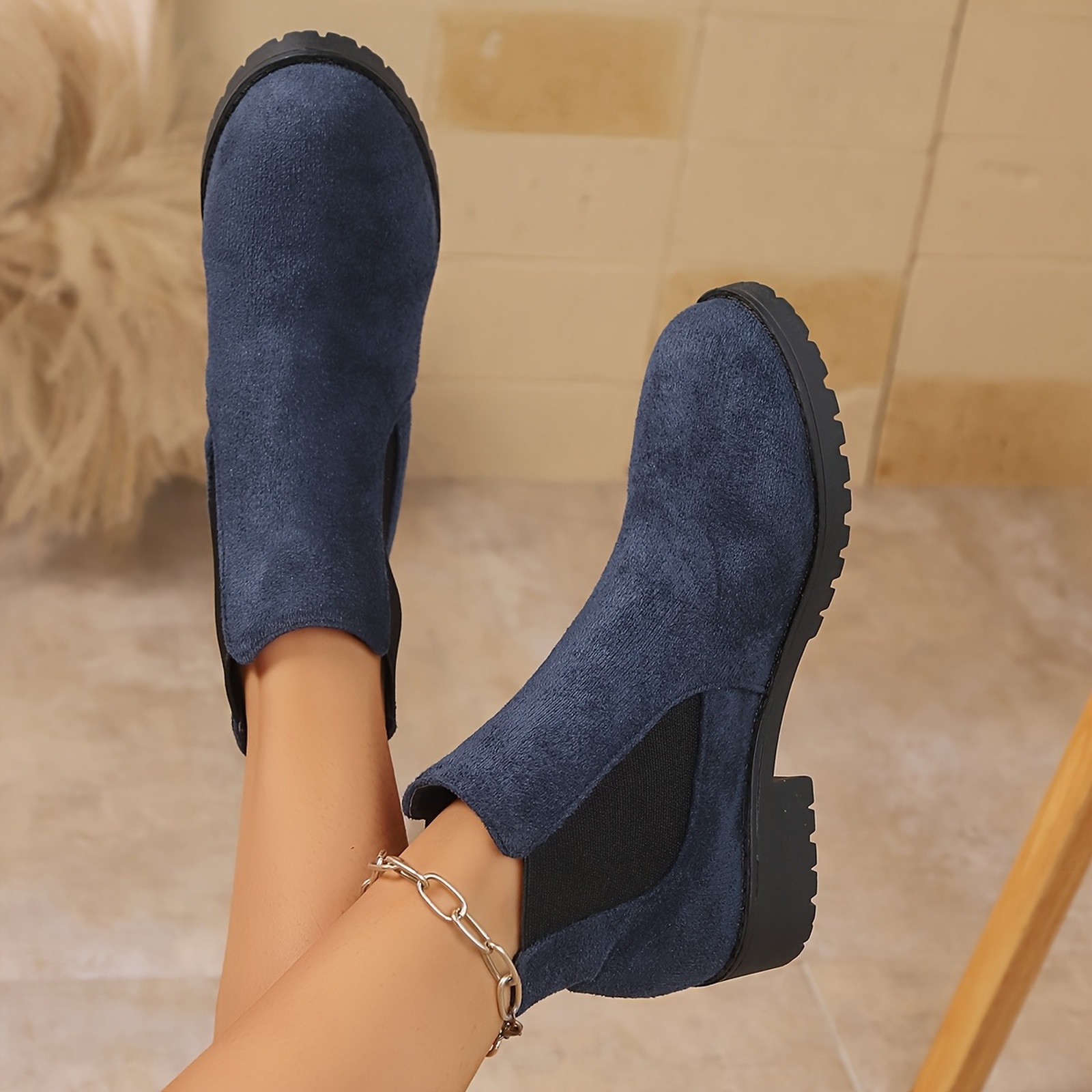 Willtoo Women's Ankle Boots Chunky Low Heels Booties Slip On Elastic Fall Short Boots Women Round Toe Casual Solid Suede Comfortable Bootie Outdoor Non-Slip Hiking Riding Boot Walking Shoes Navy