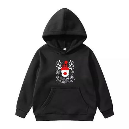 HUITKMM Christmas Print Girls Hooded Sweatshirt with Front Pocket Decorative Cozy Pullover