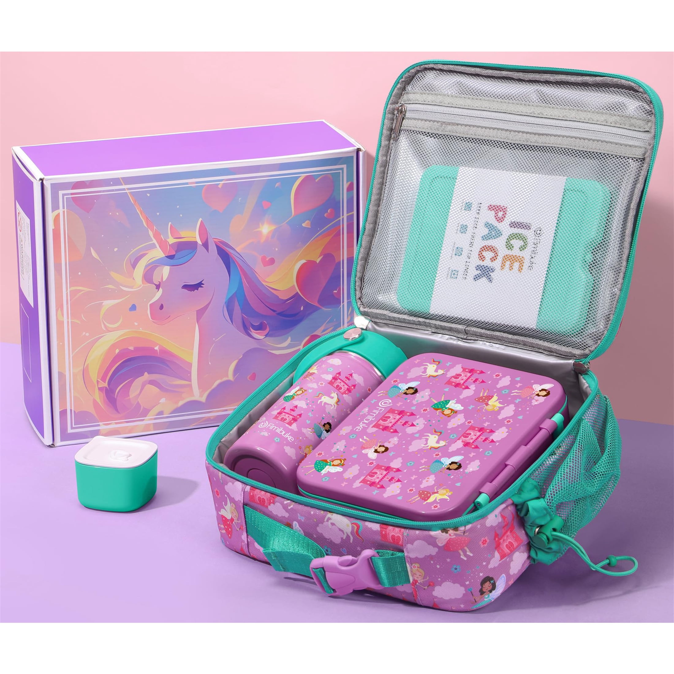 Bento Lunch Box Set - Snack Bento Box Container with 3 Compartments, Stainless Steel Water Bottle, Insulated Lunch Bag, Sauce Cup, Ice Pack Set (Daisy Rainbow)