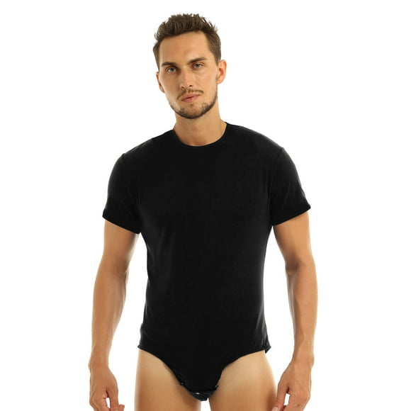 Lejafay Men's Short Sleeve Undershirt Press Button Crotch Shirt Bodysuit One Piece Pajamas Rompers Leotard Top Black A L