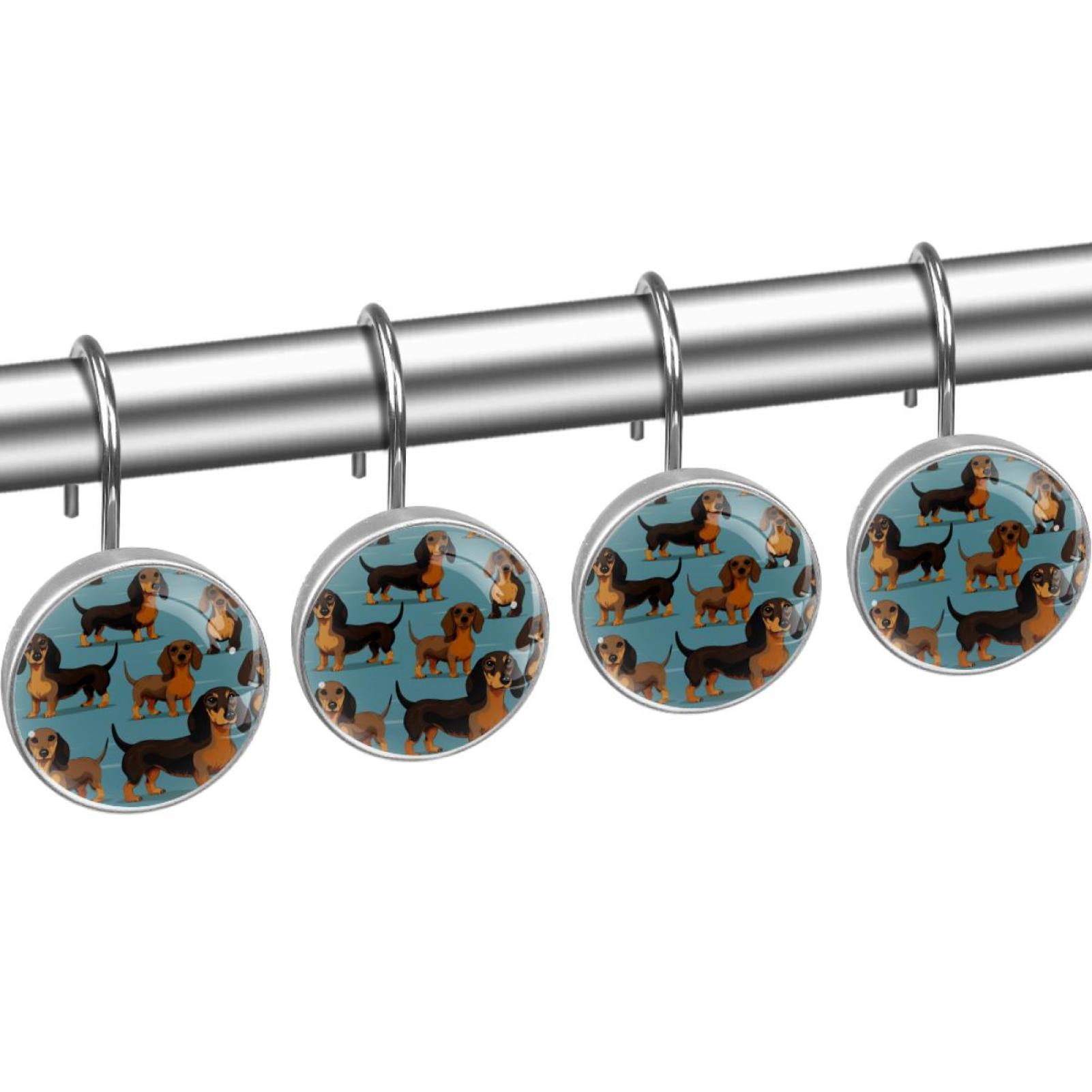 Dachshund Shower Curtain Hooks （Set of 12） for Home Hotel Shower Rods Bathroom Crystal Glass Print Stainless Steel Round Curtain Hooks