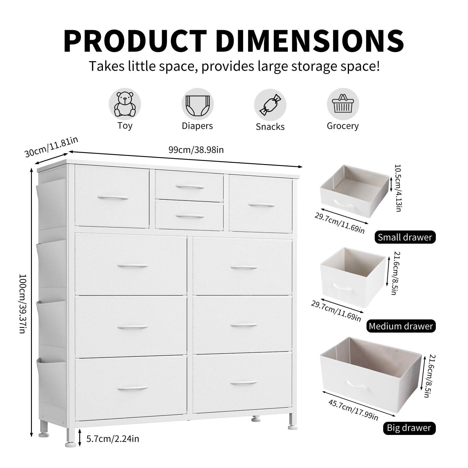 MAYEERTY 10-Drawer Storage Dresser, Cabinet with Side Pocket Hooks Wood Top for Bedroom Closet