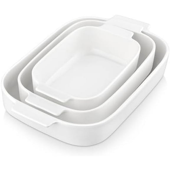 Casserole Dishes for Oven, Porcelain Baking Dishes Set of 3, Durable Casserole Dish Set Lasagna Pan Deep, Ceramic Bakeware Sets with Handles, White (13.8''/11.7''/9.4''), Series Bake