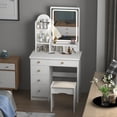 thumbnail image 2 of OXYLIFE Vanity Set with 5 Drawers and Shelves, Makeup Dressing Table with Light Mirror, Cushioned Stool, White, 2 of 5
