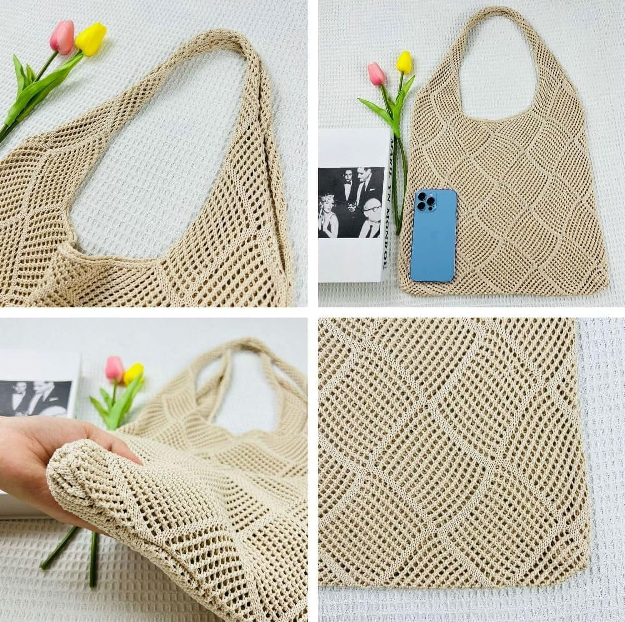 Kukuzhu Women Knit Hobo Tote Bag Aesthetic Crochet Handbags Casual Mesh Shoulder Handbag Hand Crochet Bags Purse