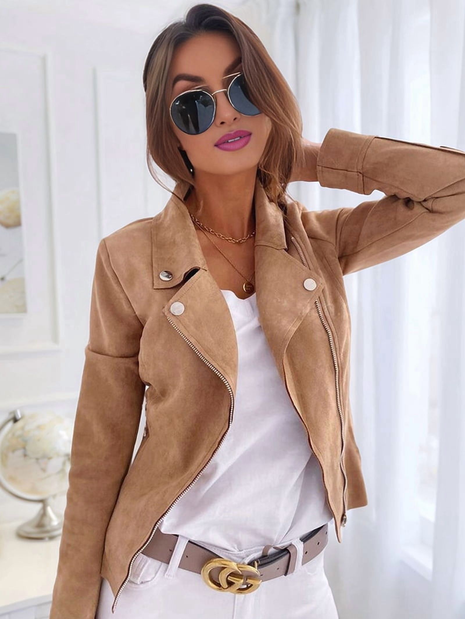 Women'S Faux Leather Jackets Suede Spring Trendy Outfits 2025 Fall Zip Up Cropped Moto Jakcet Outerwear Khaki S