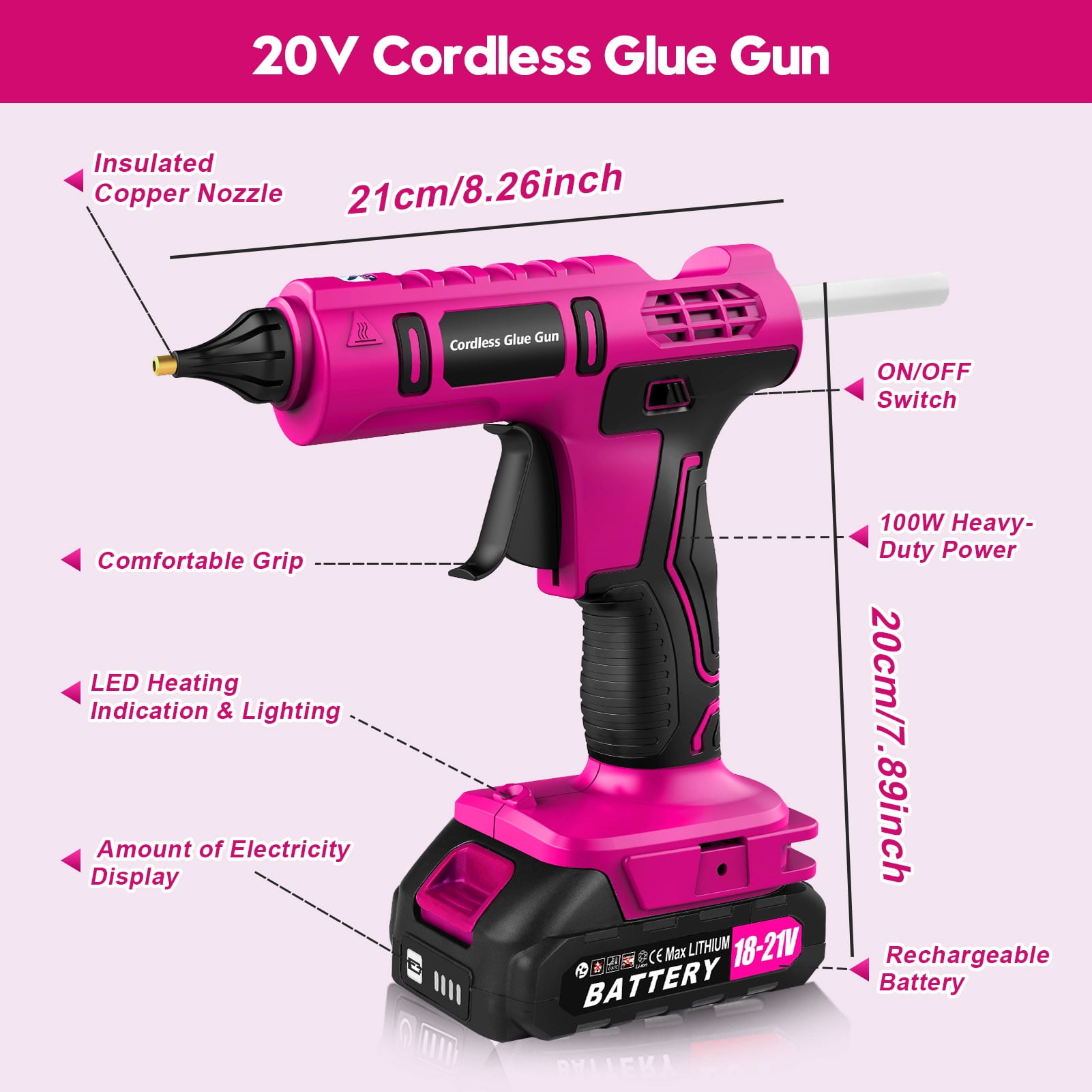 Fovendi Cordless Hot Glue Gun with 2.0Ah Battery & Charger and 20 Pcs Full Size Glue Sticks, 100W Power Melt Glue Gun for DIY, Festival Decor and Gifts