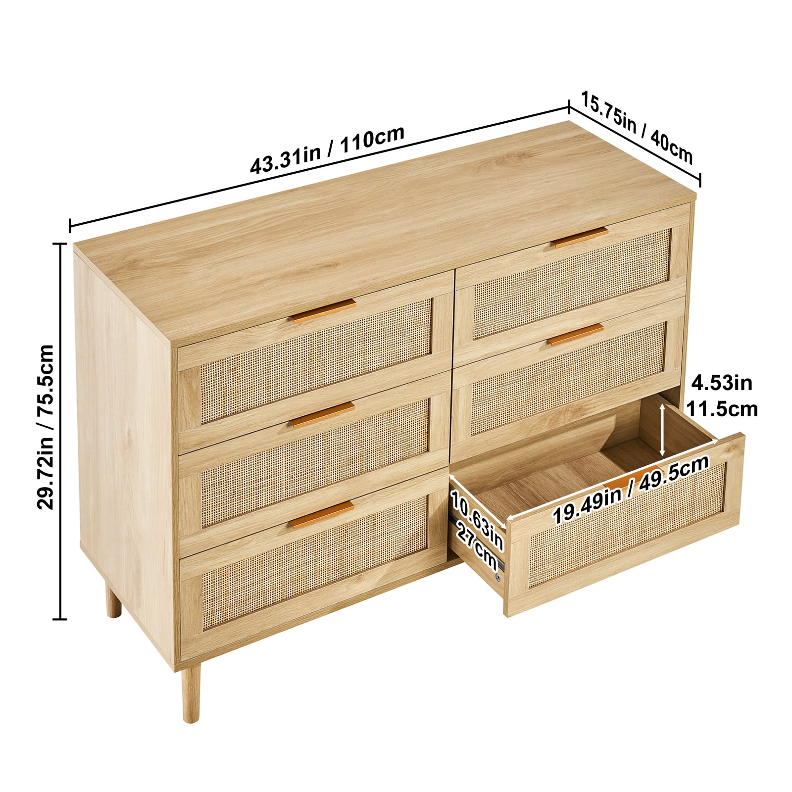 KFFKFF Rattan Dresser with Six Drawers, Contemporary Wooden Clothes Storage Unit & Bohemian Style Dresser, Equipped with Durable Handles & Legs, Ideal for Bedrooms, Living Spaces & Corridors