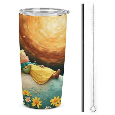 

Boy Sleeping on Moon with Fox 20oz Tumbler with Lid And Straw Insulated Mug Stainless Steel Vacuum Double Wall Mug For< Car>