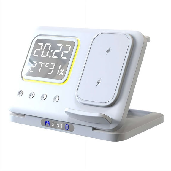 Foldable Magnetic Wireless Charger 3-in-1 Charging Station with Clock Temperature Humidity Display, 15W Fast Charging Stand for iPhone Watch AirPods, Night Light for Bedroom Office Desk
