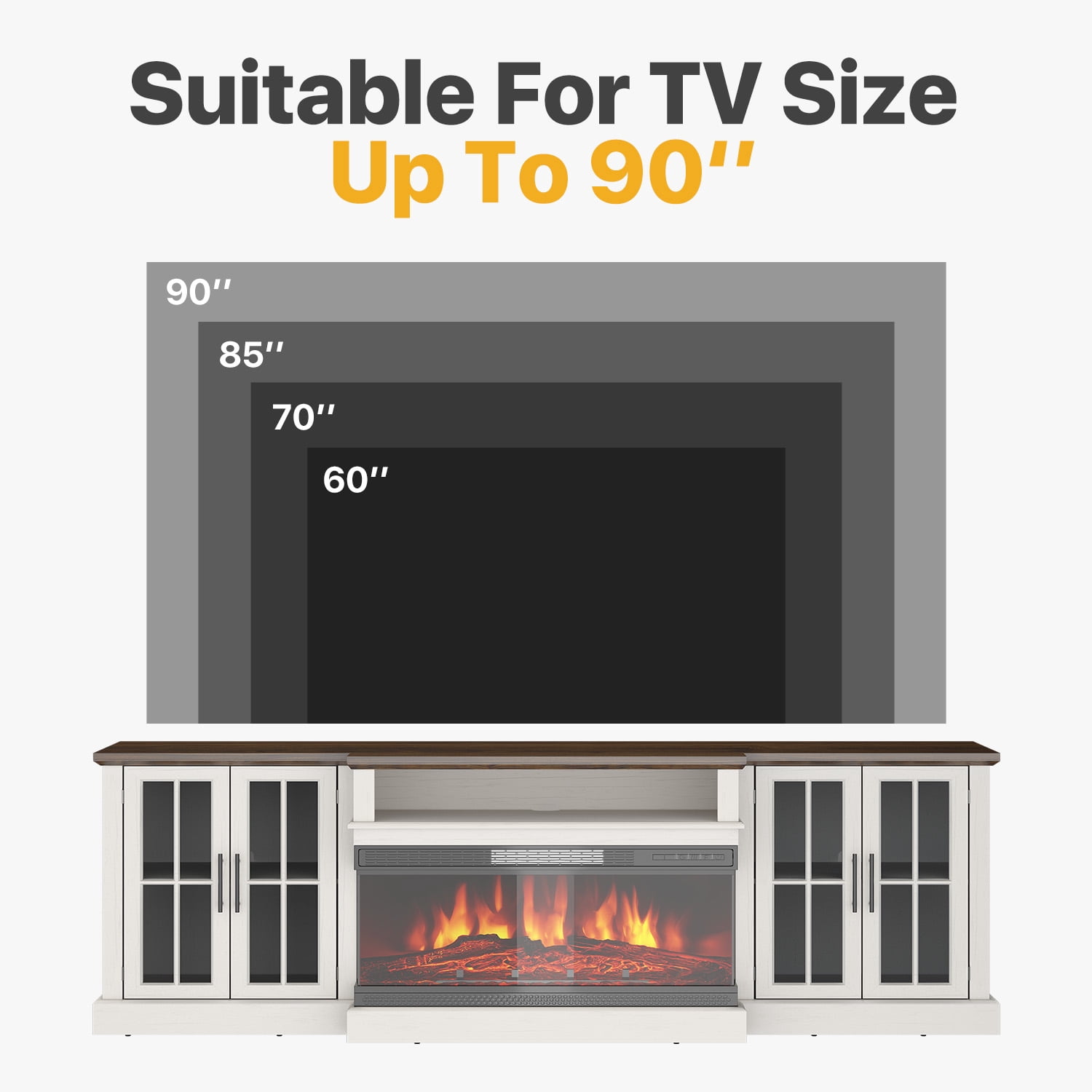 Sonegra 87" Farmhouse TV Stand with Fireplace for TVs up to 90", Media Entertainment Center with Adjustable Shelves and Large Storage Cabinets, for Living Room, White
