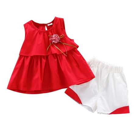 

BSDHBS Girls 2 Pieces Outfits Toddler Baby Kid Girls Ruffles Solid Flower Vest Tops Pockets Shorts Casual Set