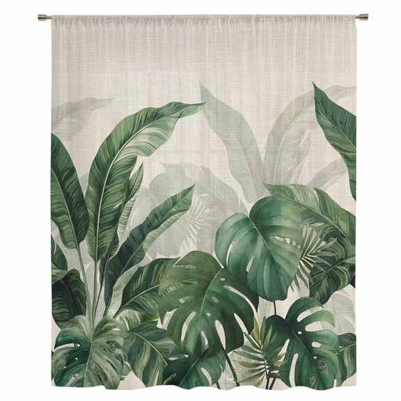 Palm Leaves Tropical Sheer Curtains 108" Extra Long, Green Botanical Summer Linen Light Filering Curtains, Privacy Drapes Simi Floor to Veiling Curtain for Living Room Bedroom Large Window Treatment
