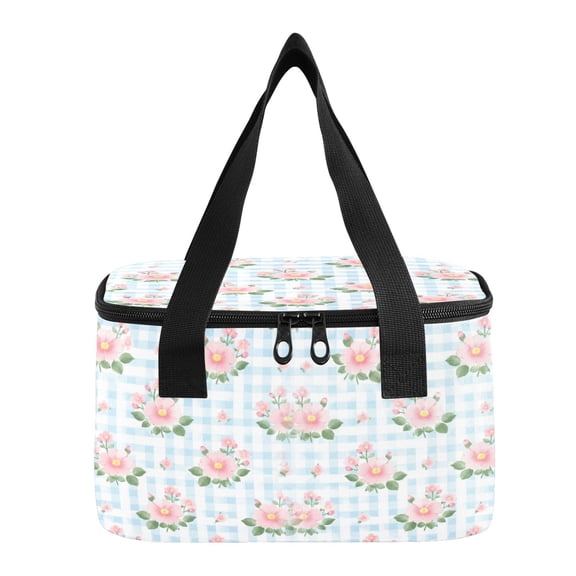6L Insulated Lunch Bag Square Handheld Cooler Tote Blue Gingham Floral Design Reusable Thermal Bag with Polyester & Aluminum Lining for Work Picnic Travel