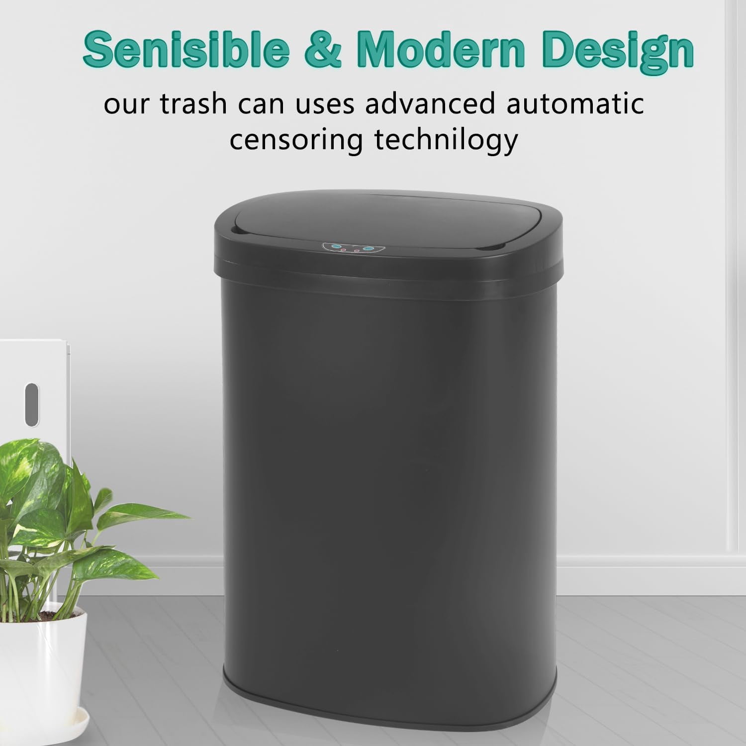 13-Gallon Kitchen Trash Can Black Stainless Steel Garbage Can Automatic Touch Free Garbage Bin Motion Sensor Trash Can with Lid Metal Waste Bin for Living Room, Kitchen, Bathroom, Office