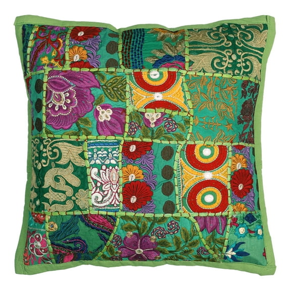 Stylo Culture Ethnic Couch Throw Pillow Cover Vintage Patchwork Floral 16x16 Parrot Green Bohemian 40cm x 40cm Home Decor Cotton Abstract Square Cushion Cover | 1 Pc