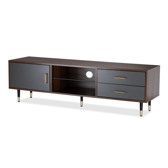 Centro de Entretenimiento para TV 55” Mueble Vintage Color Maple y Gris 2 Cajones Repisa Vidrio