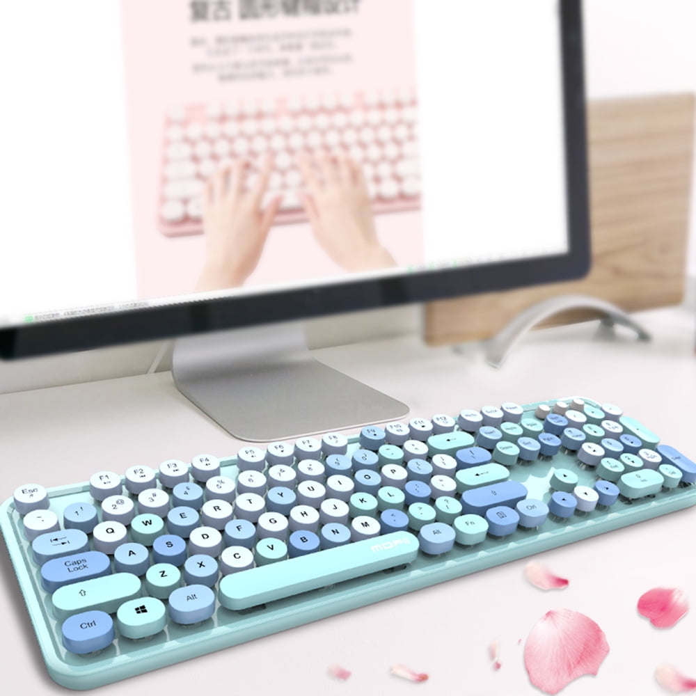 Mofii Sweet Keyboard Mouse Combo, Colored Cute Keyboard,2.4G Wireless Keyboard Set Circular Suspension Key for PC Laptop Blue