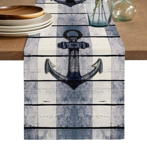 Navy Blue Nautical Table Runner, Coastal Blue Striped Vintage Washable Cotton Linen Table Runners 108 Inches Long, Dresser Scarf Runner for Dining/Living Room/Kitchen/Square Tables 13''x108''