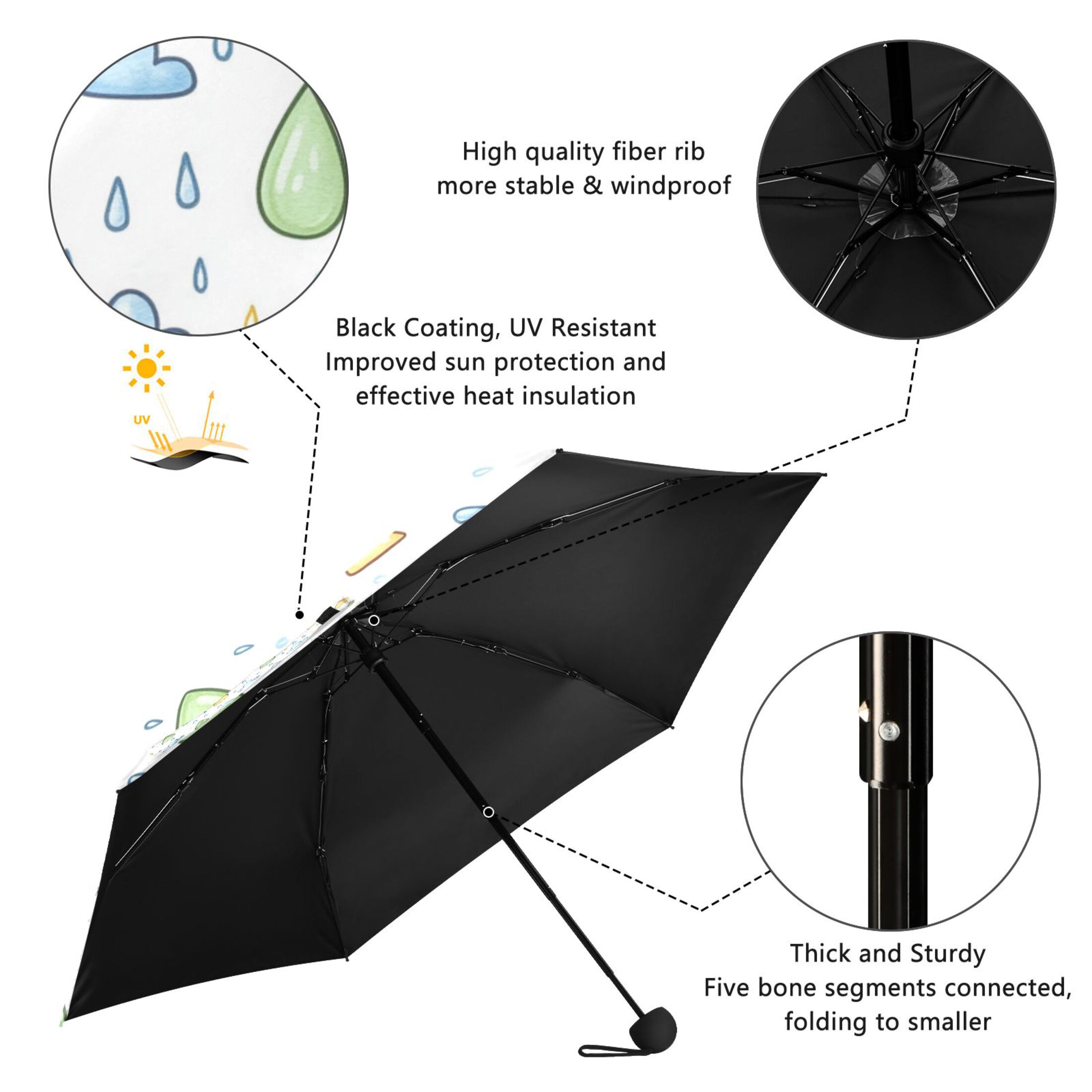 Rainy Day Pattern Umbrellas for Sun Auto Open Close UV50+ Waterproof 5-Fold Compact Fiberglass Frame