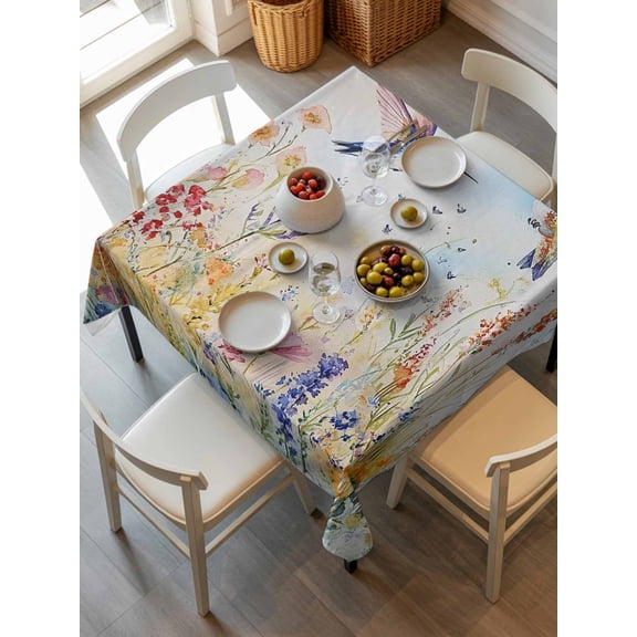 Spring Hummingbird Floral Tablecloth Square Table Cloth 60x60, Waterproof Tablecloth Outdoor Table Cloth, Farmhouse Flower Botanical Washable Table Cover for Kitchen Dinning Party