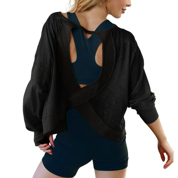Lentta Open Back Workout Tops for Women Long Sleeve Crop Athletic Tees Running Yoga Y2K T Shirts