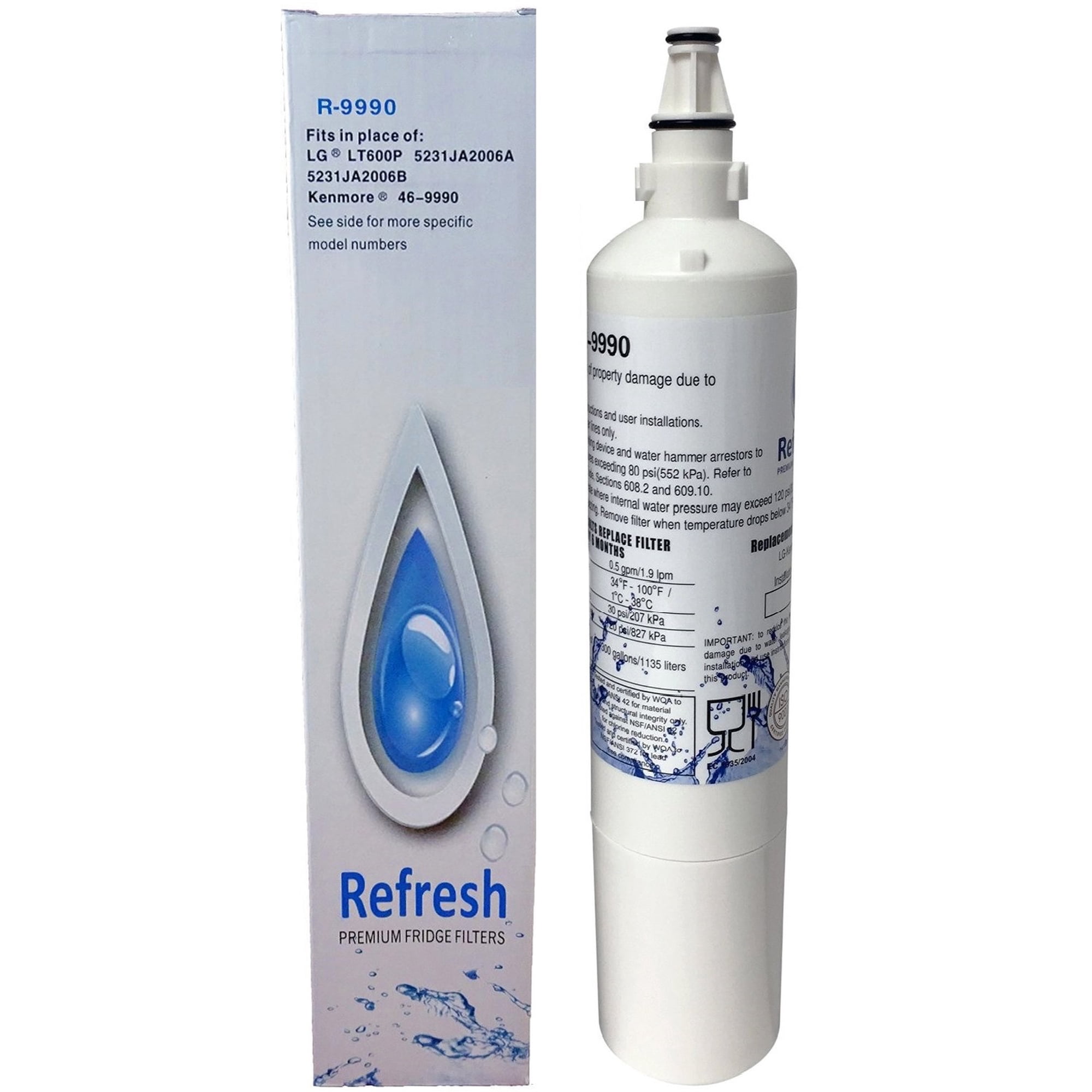 Refresh R-9990 Refrigerator Water Filter Replacement for LG LT600P, LT600, 5231JA2006A, 5231JA2006B, 46-9990, 469990, NSF/ANSI 42, 6-Month, 6-Pack