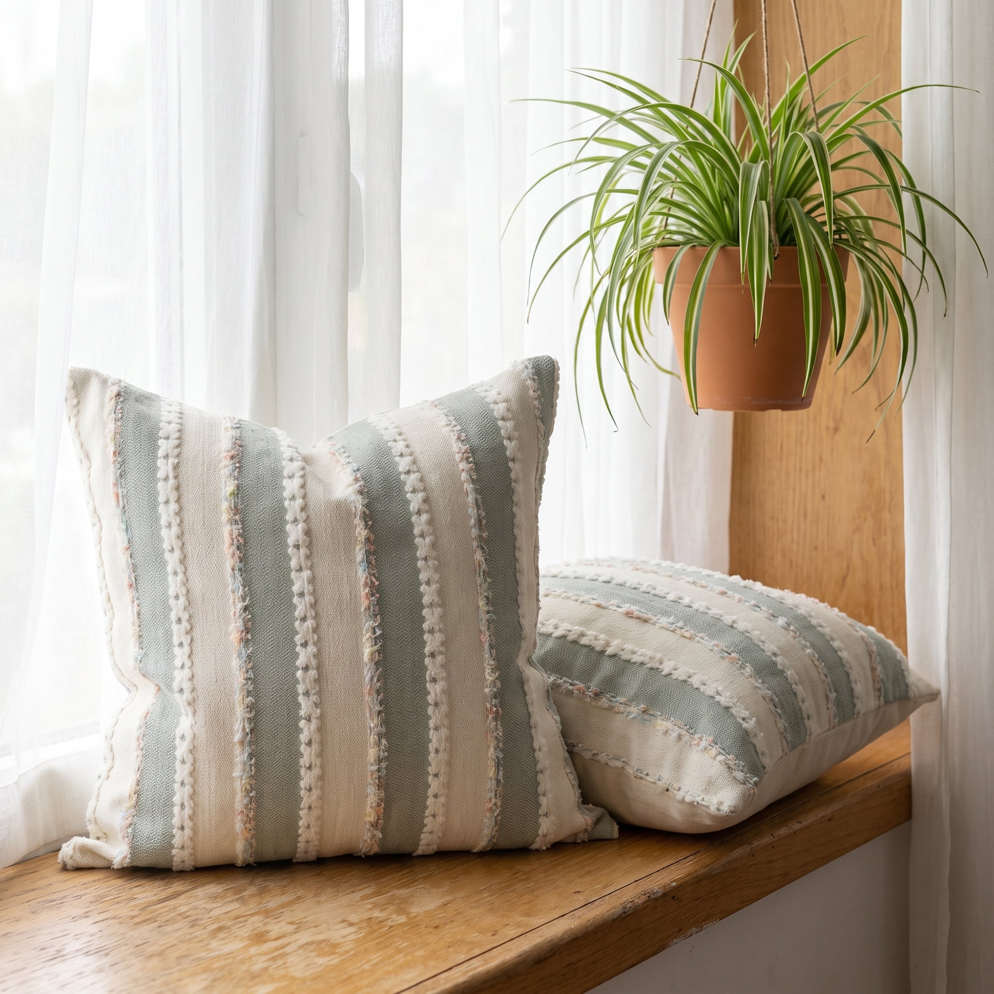 Unique Bargains 2Pcs Textured Frayed Striped Throw Pillow Covers Bean Green 18"x18"
