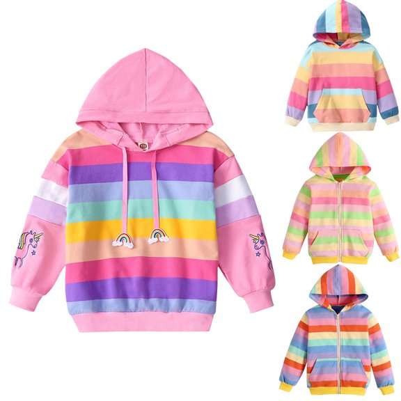 2-9Year Kids Baby Girls Rainbow Pullover Hoodies Sweatshirt Casual Zip Up Loose Outwear Coat with Pockets