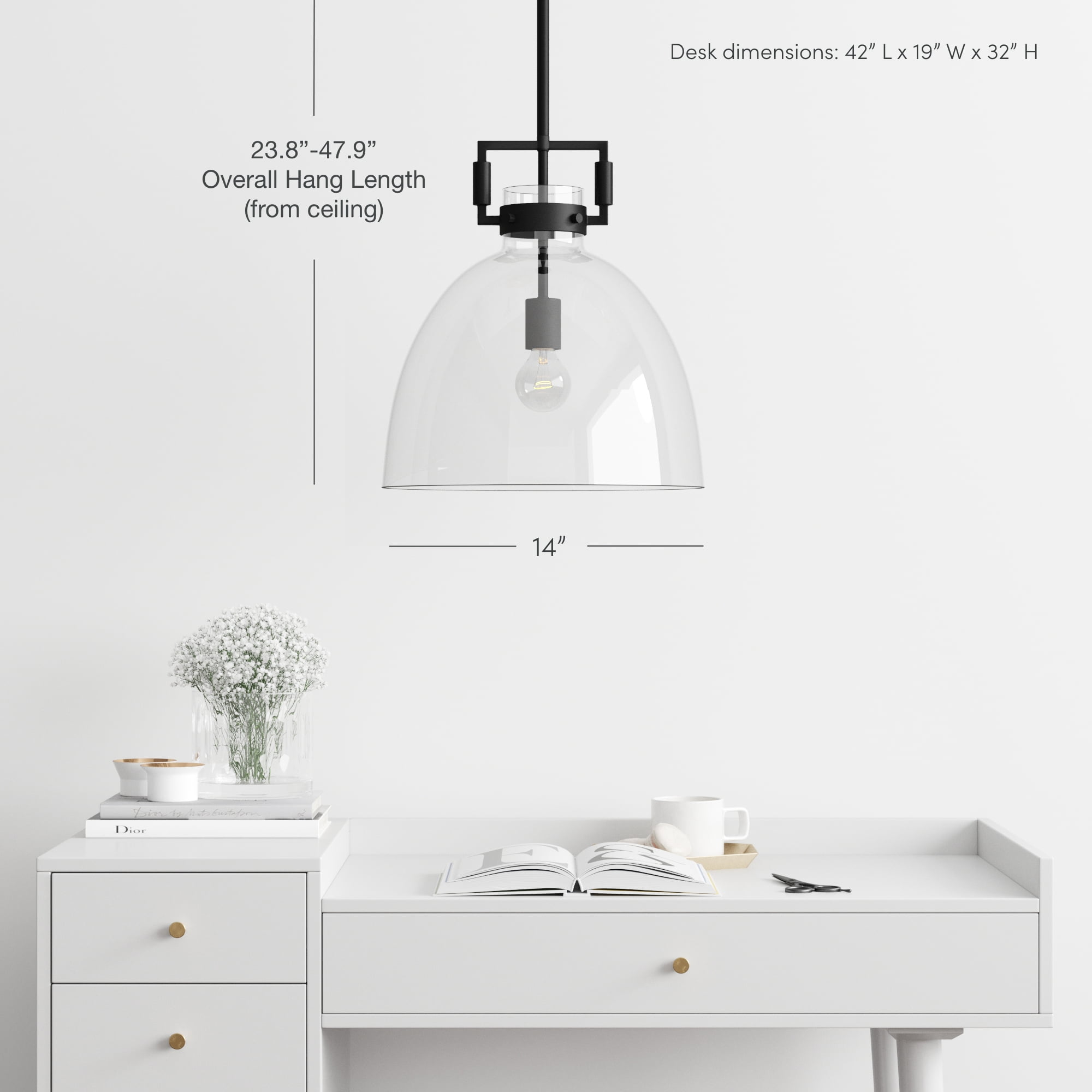 Nathan James Leigh 1-Light Pendant Lighting For Kitchen Island with Oversized Glass Shade and Adjustable Cord